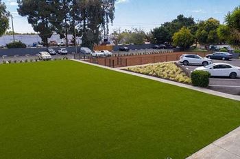 Large grass recreational field near parking area